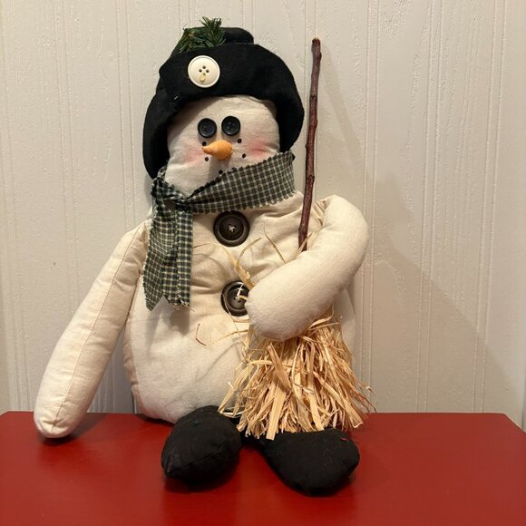 Ivory, cotton snowman with broom, felt hat, 16 inches, torso is 12". legs are 4" - Picture 1 of 2